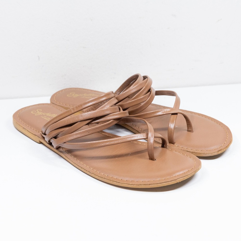 SEYCHELLES Leather Multi Strap Toe Loop Flat Slide Sandal Coastal Tan Sz 9